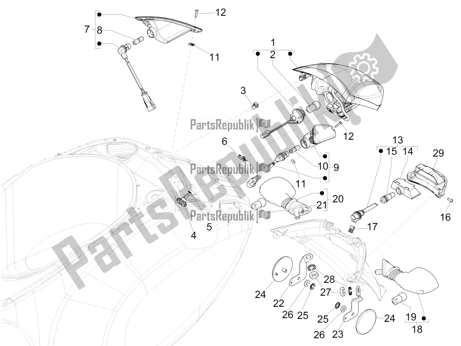 Todas as partes de Faróis Traseiros - Pisca-piscas do Vespa Sprint 50 4 T/3V E2 USA 2019