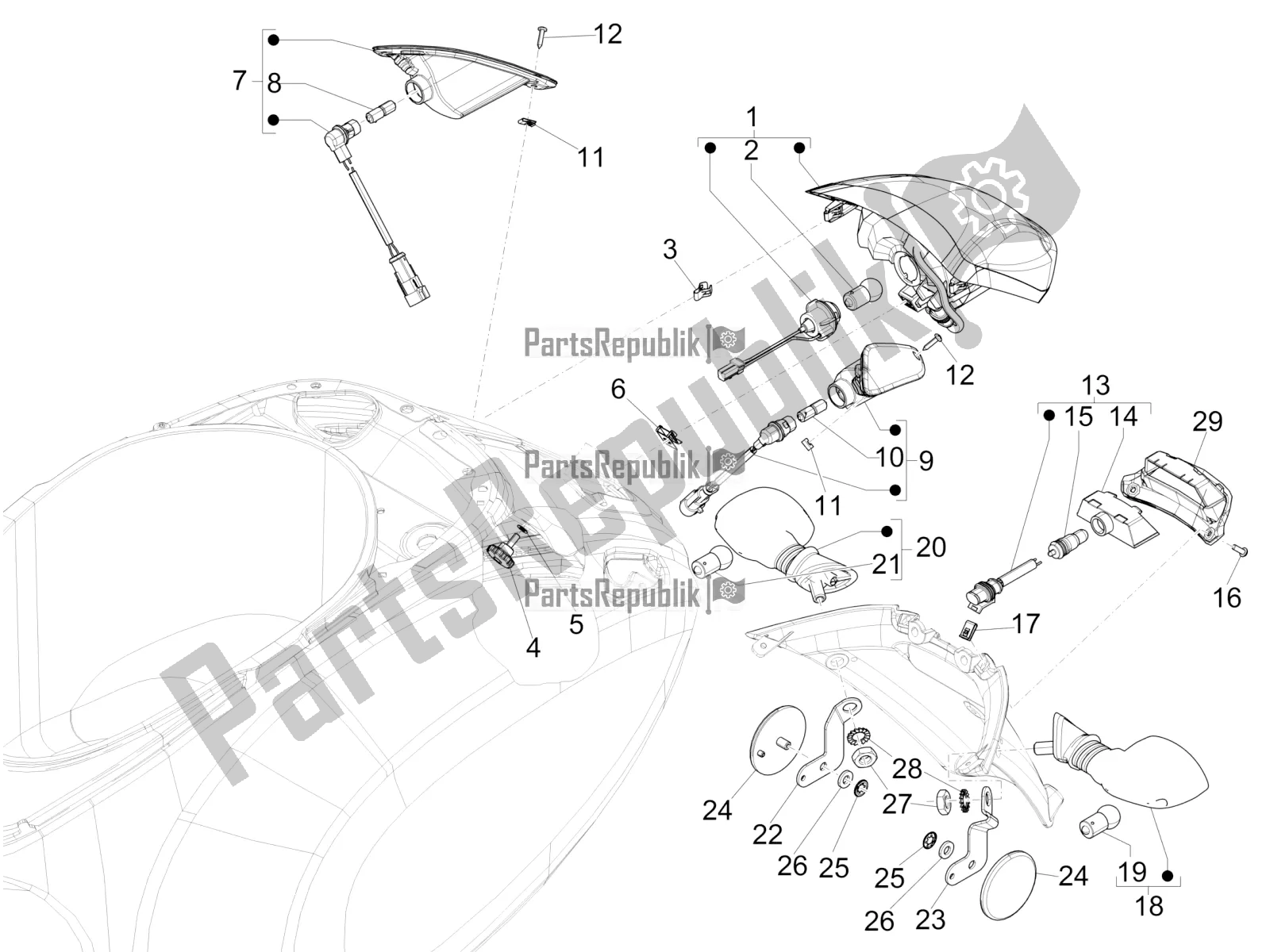 All parts for the Rear Headlamps - Turn Signal Lamps of the Vespa Sprint 50 4 T/3V E2 USA 2020