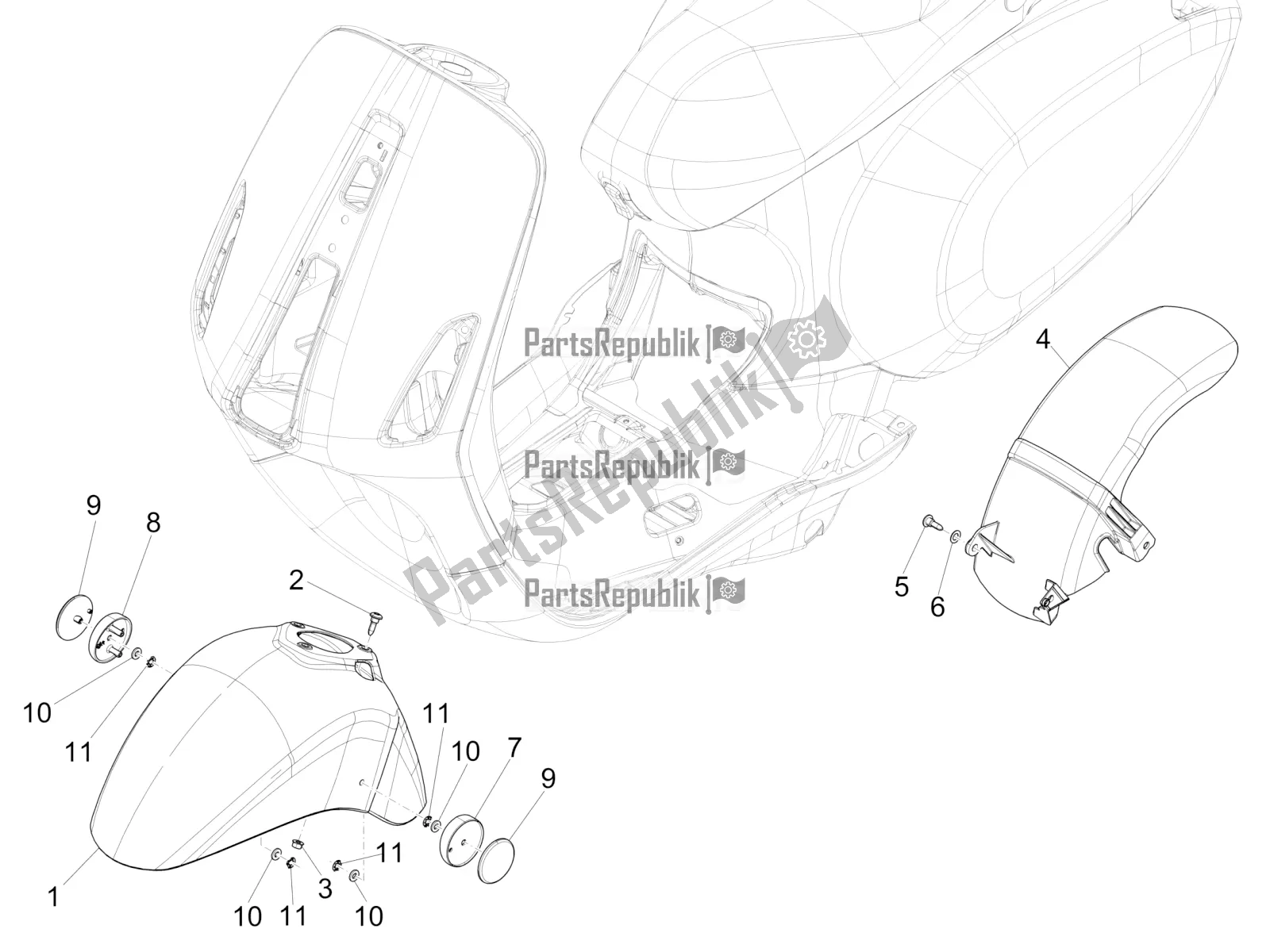 Toutes les pièces pour le Logement De Roue - Garde-boue du Vespa Sprint 50 4 T/3V E2 USA 2020