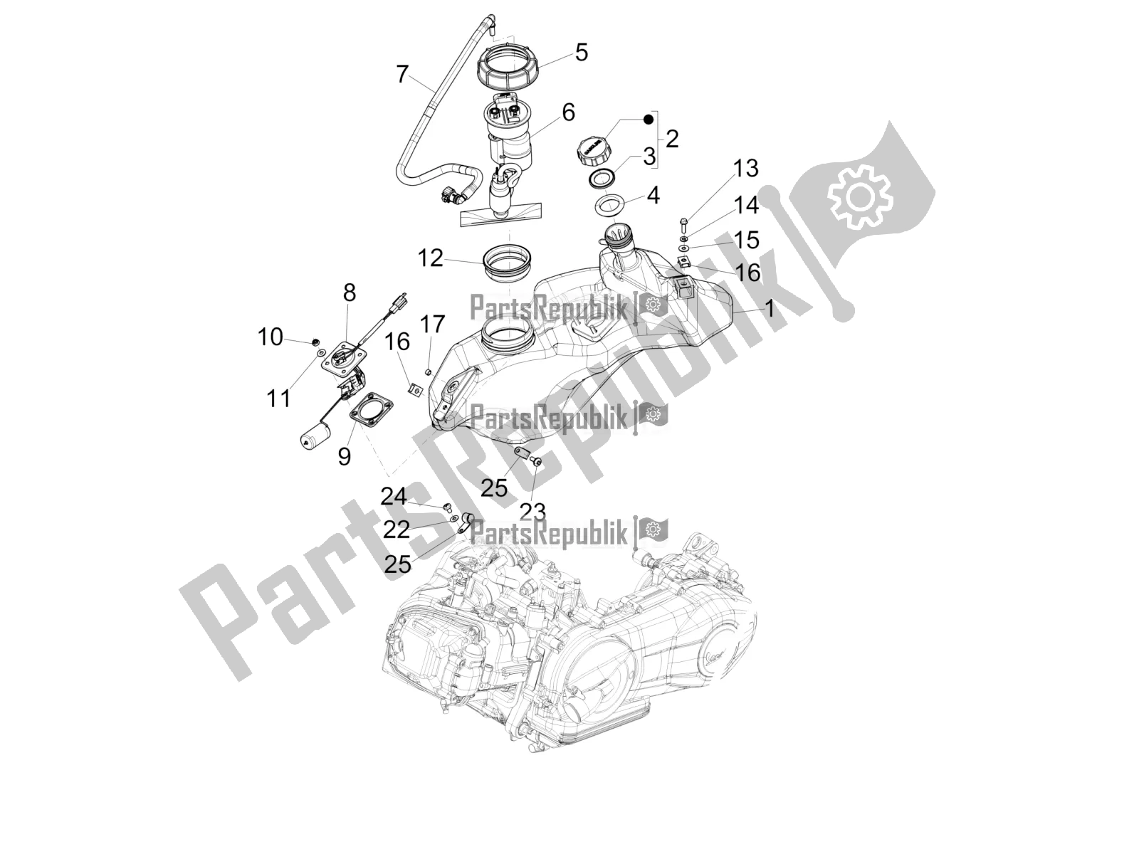 All parts for the Fuel Tank of the Vespa Sprint 50 4 T/3V E2 USA 2021