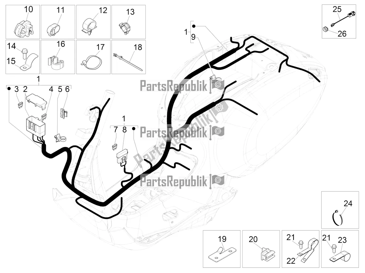 All parts for the Main Cable Harness of the Vespa Sprint 50 4 T/3V E2 USA 2021