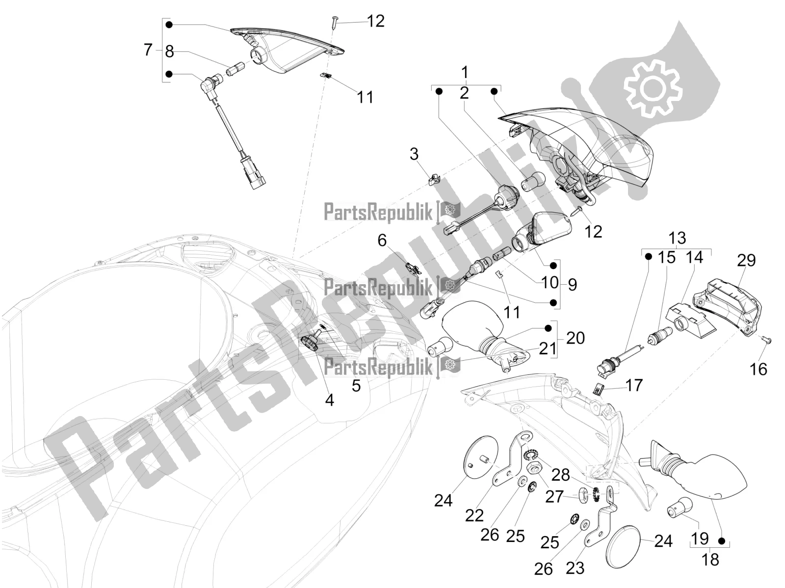 Todas as partes de Faróis Traseiros - Pisca-piscas do Vespa Sprint 50 4 T/3V E2 USA 2021