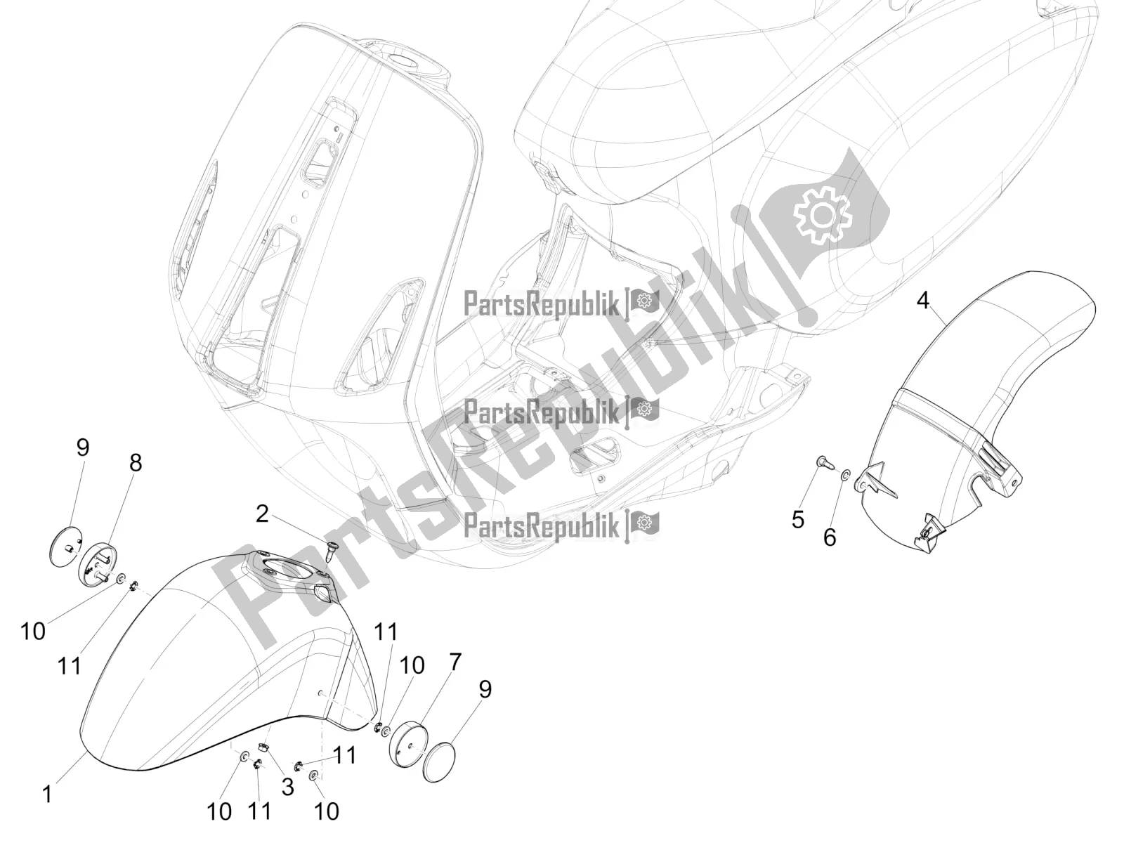 All parts for the Wheel Huosing - Mudguard of the Vespa Sprint 50 4 T/3V E2 USA 2021