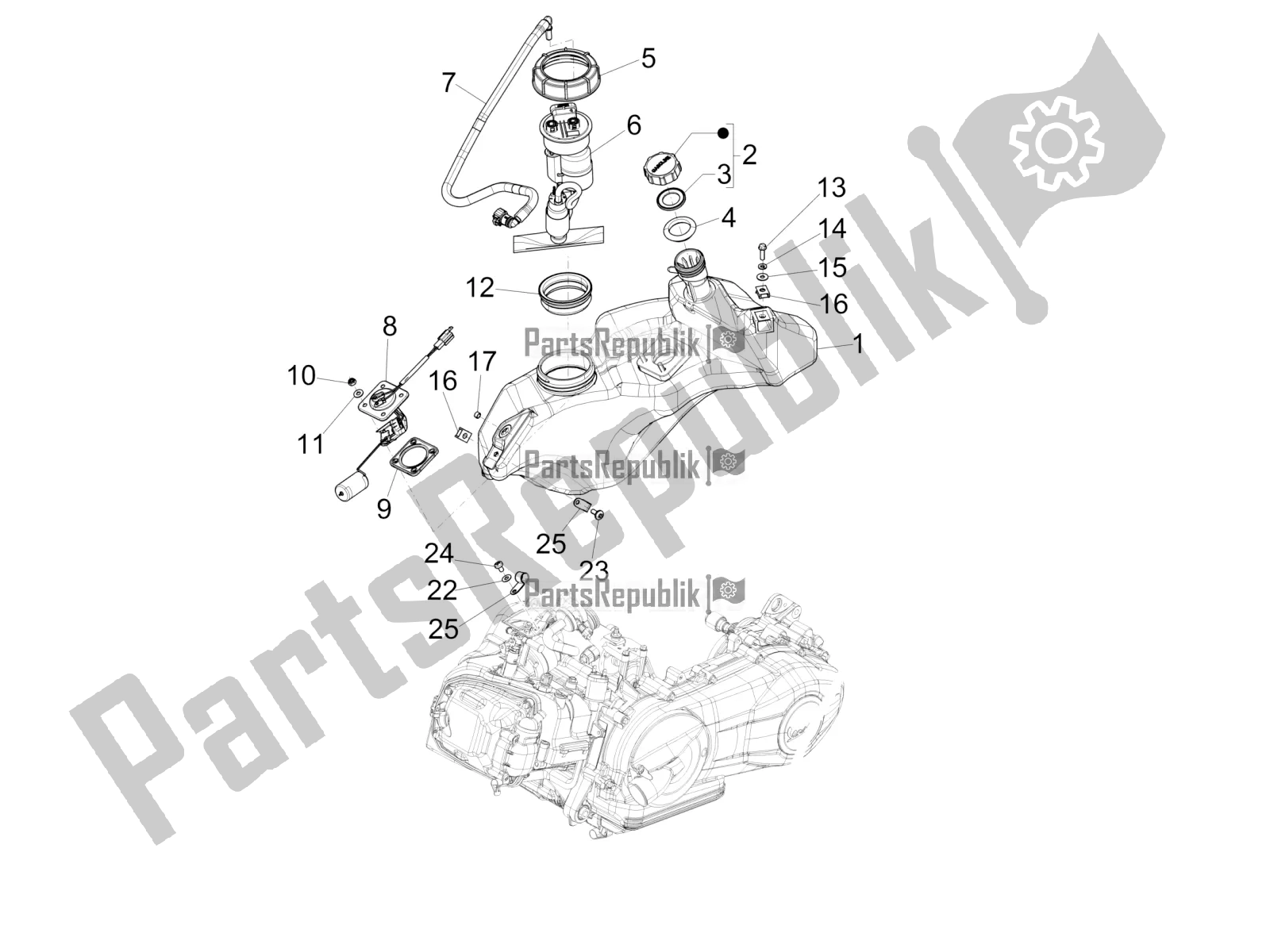 Alle onderdelen voor de Benzinetank van de Vespa Sprint 50 4 T/3V E4 USA 2020