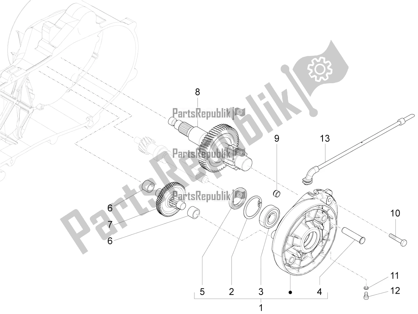 Alle onderdelen voor de Reductie-eenheid van de Vespa Sprint 50 4 T/3V E4 USA 2020