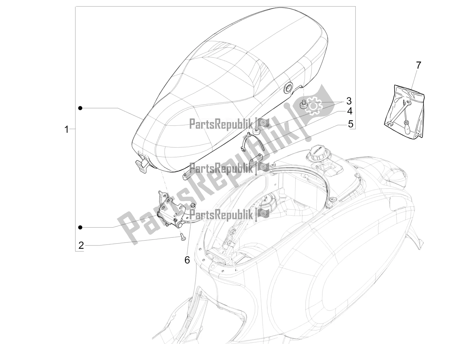 Alle onderdelen voor de Zadel / Stoelen van de Vespa Sprint 50 4 T/3V E4 USA 2020