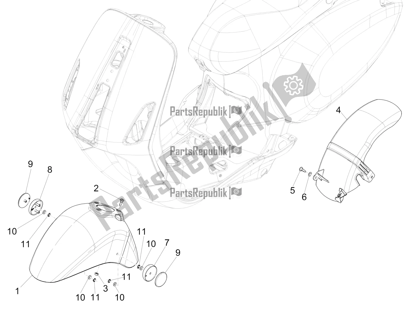 Alle onderdelen voor de Wielkast - Spatbord van de Vespa Sprint 50 4 T/3V E4 USA 2020