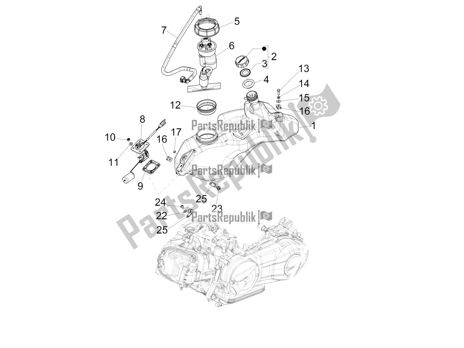 Tutte le parti per il Serbatoio Di Carburante del Vespa Sprint 50 4 T/3V E4 USA 2021