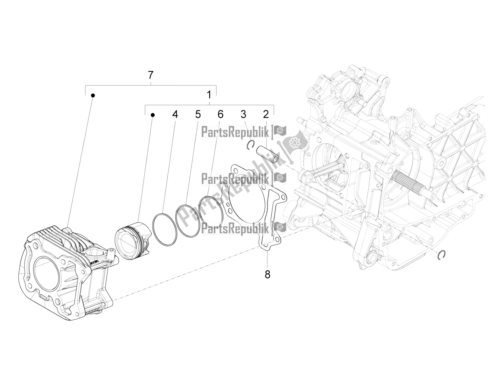 All parts for the Cylinder-piston-wrist Pin Unit of the Vespa Sprint 50 4 T/3V E4 USA 2022