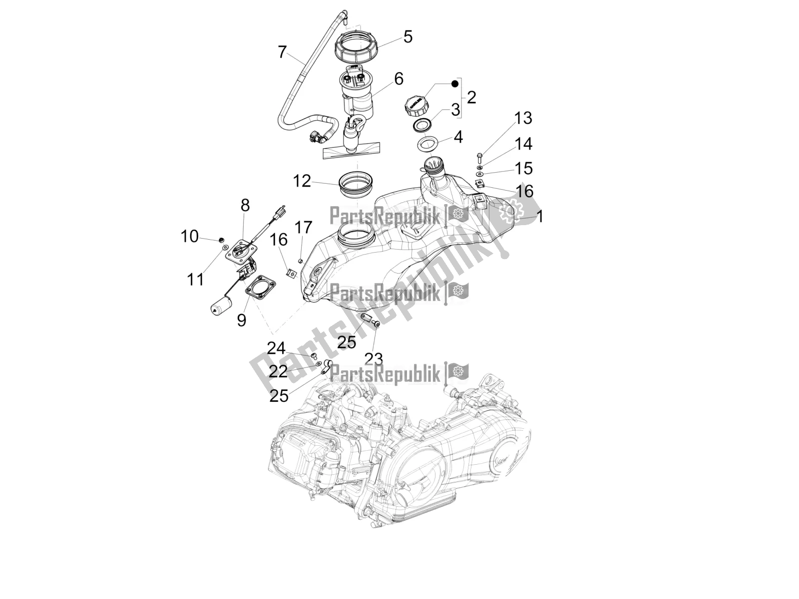 All parts for the Fuel Tank of the Vespa Sprint 50 4 T/3V E4 USA 2022