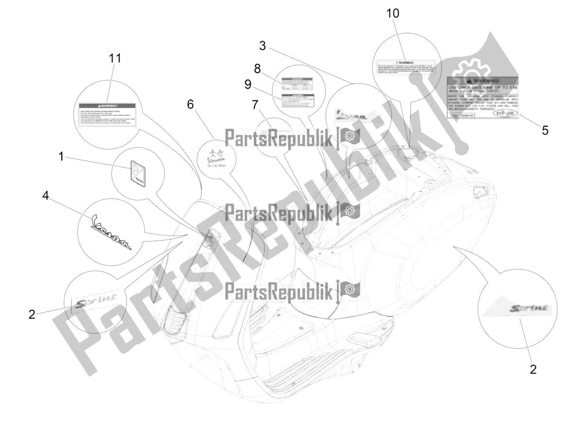 All parts for the Plates - Emblems of the Vespa Sprint 50 4 T/3V E4 USA 2022