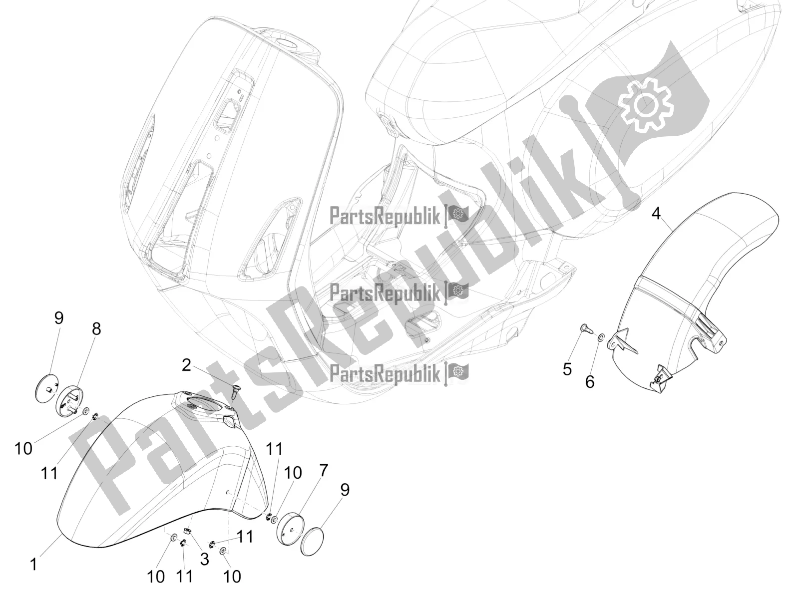 Todas as partes de Alojamento Da Roda - Guarda-lamas do Vespa Sprint 50 4 T/3V E4 USA 2022