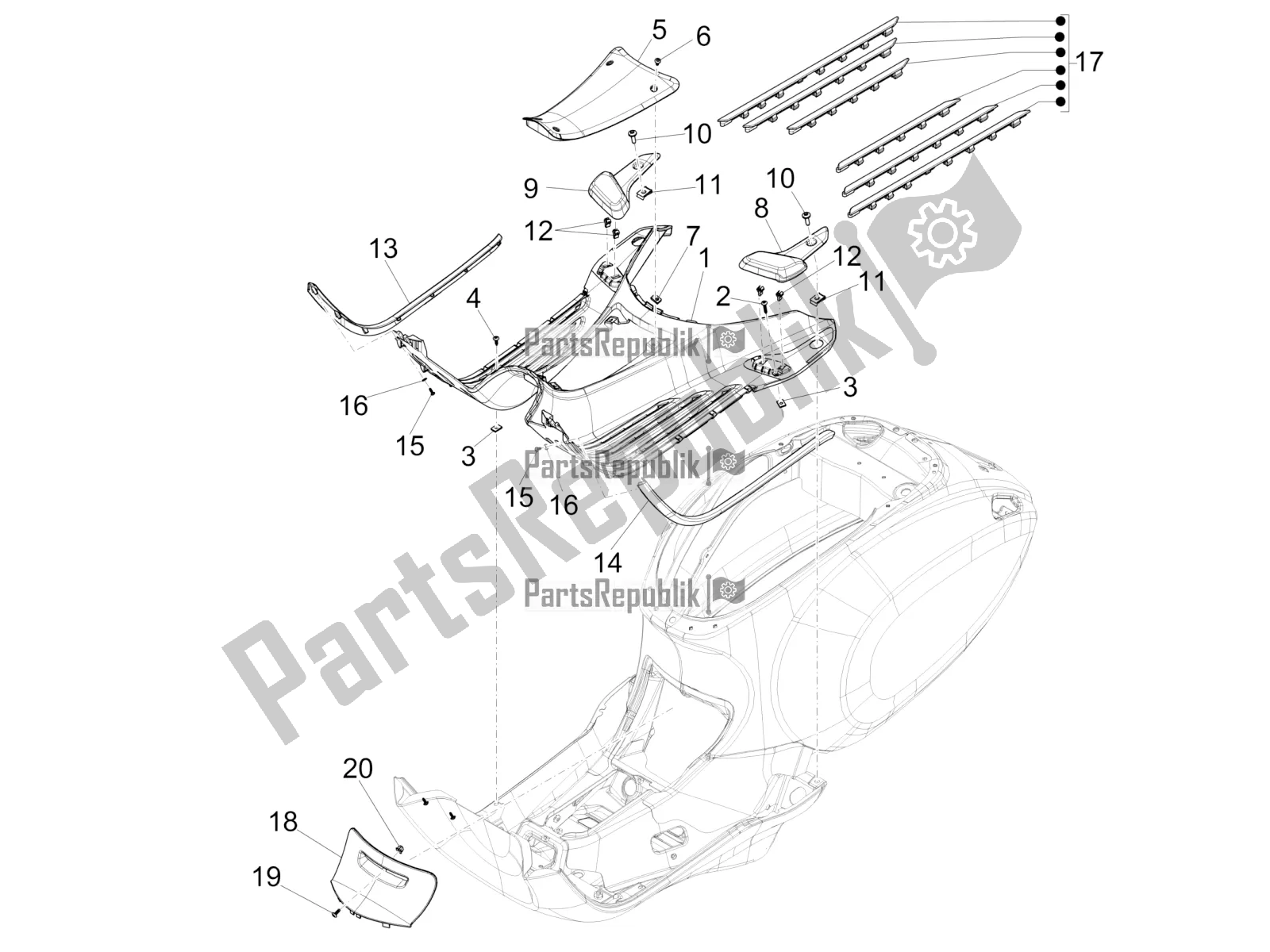 Todas las partes para Cubierta Central - Reposapiés de Vespa Sprint 50 4T 3V E5 2020