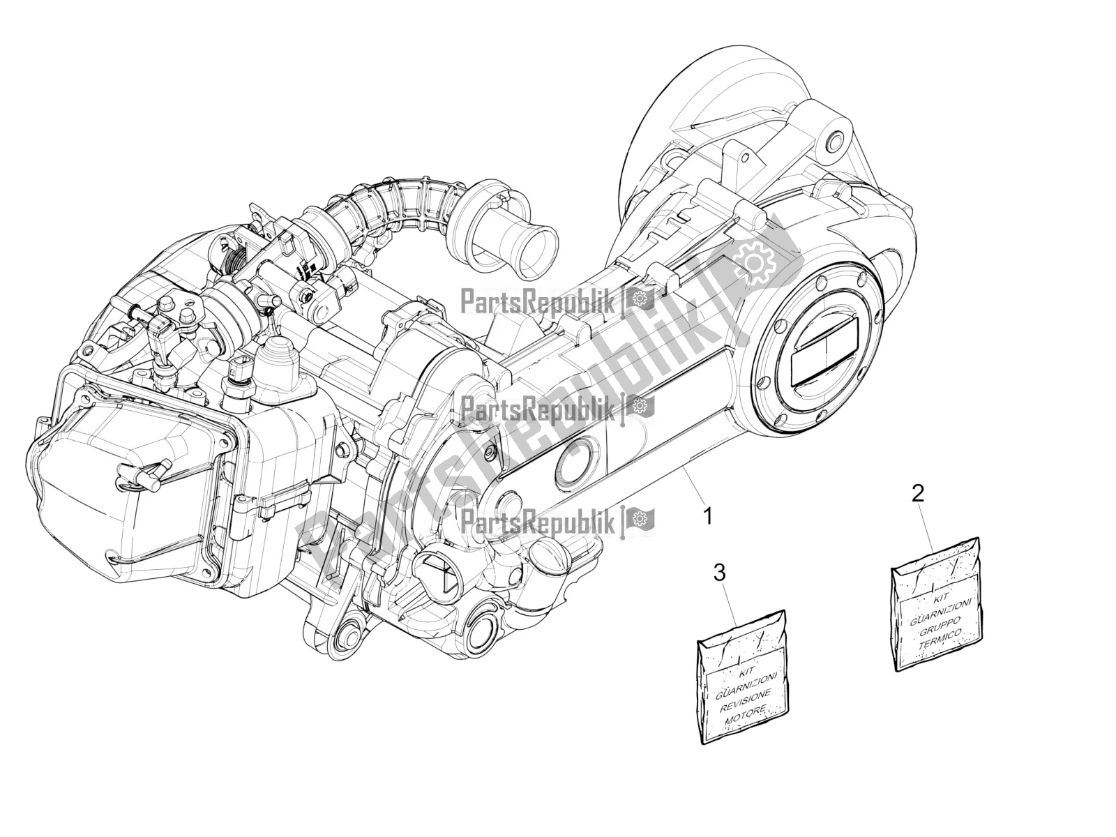 Alle onderdelen voor de Motor Assemblage van de Vespa Sprint 50 4T 3V E5 2020