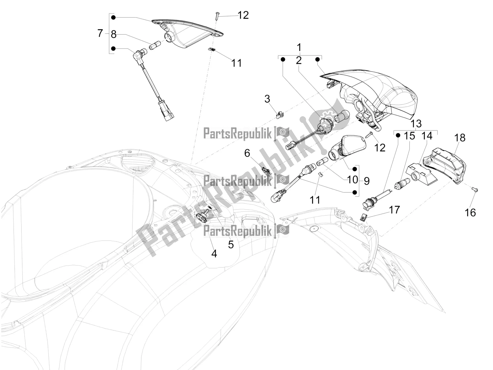 All parts for the Rear Headlamps - Turn Signal Lamps of the Vespa Sprint 50 4T 3V E5 2020