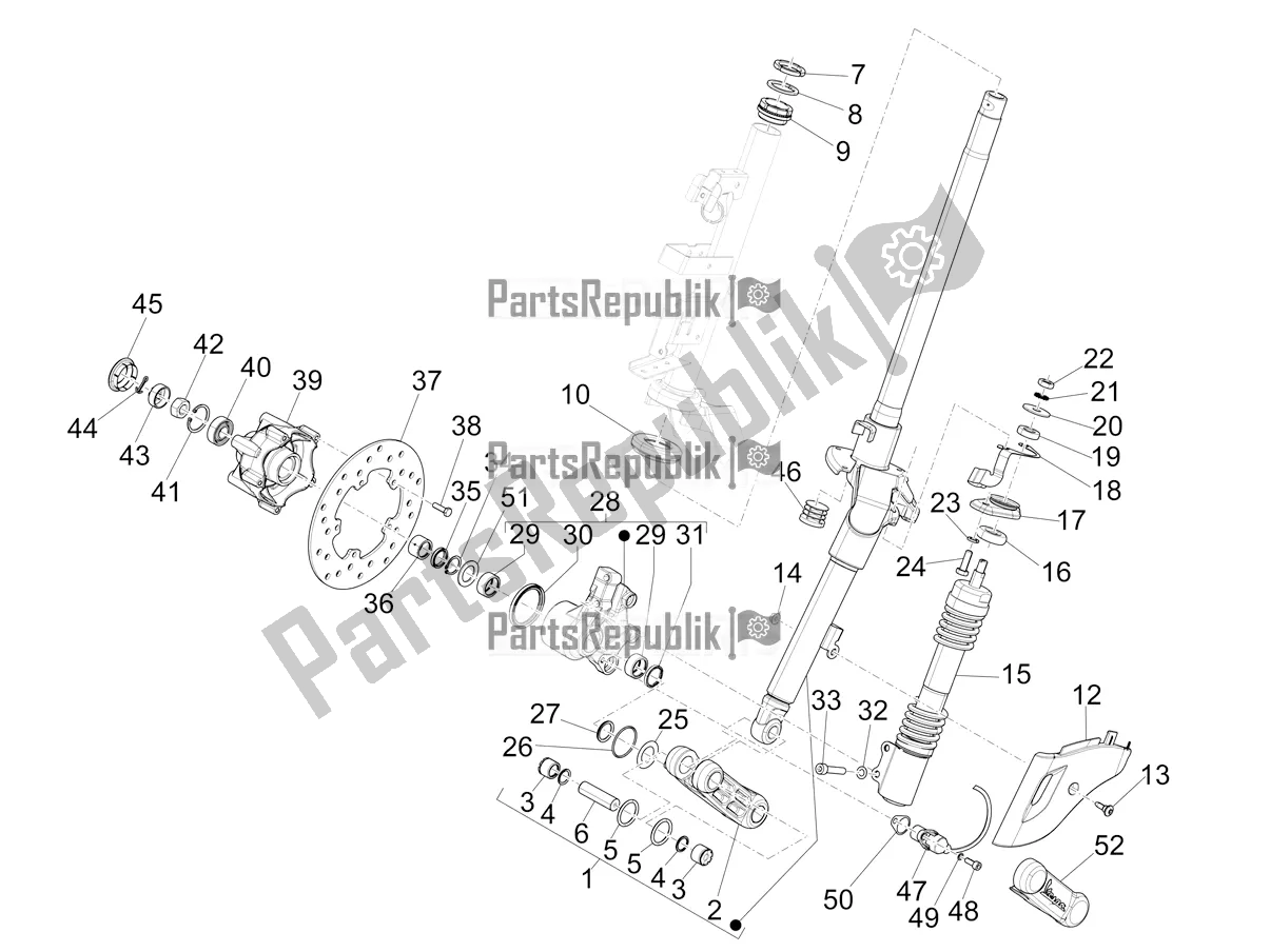 Alle onderdelen voor de Vork / Stuurbuis - Stuurlagereenheid van de Vespa Sprint 50 4T 3V E5 2021