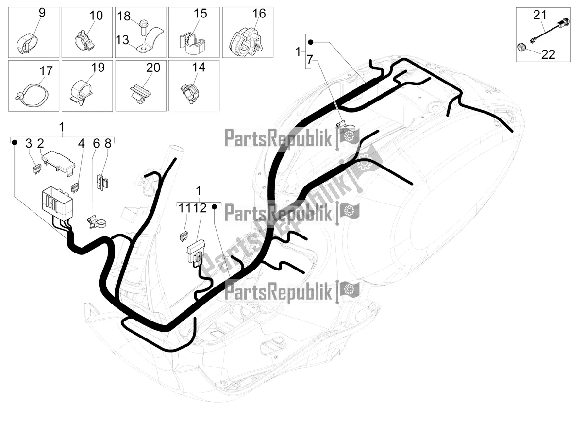 All parts for the Main Cable Harness of the Vespa Sprint 50 4T 3V E5 2022