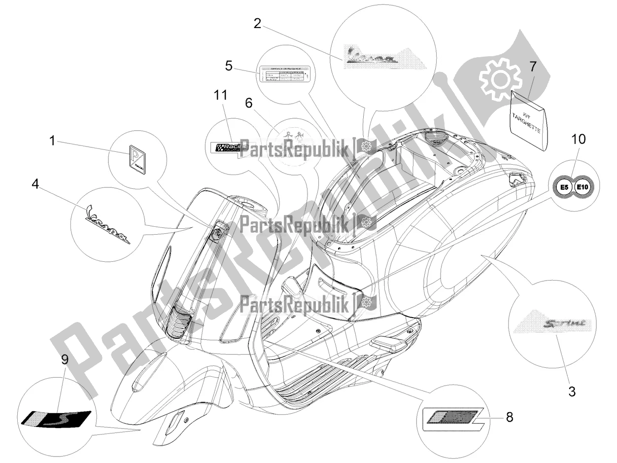 Alle onderdelen voor de Borden - Emblemen van de Vespa Sprint 50 4T 3V E5 2022