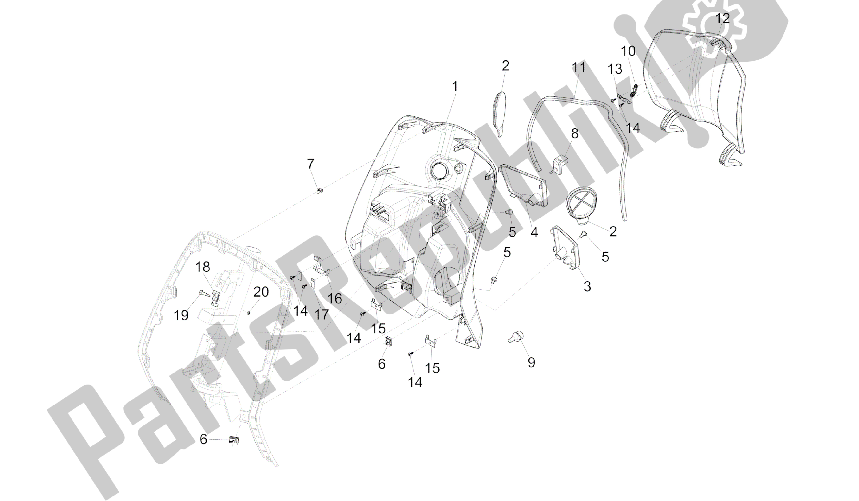 All parts for the Front Glove-box - Knee-guard Panel of the Vespa Sprint 50 2014
