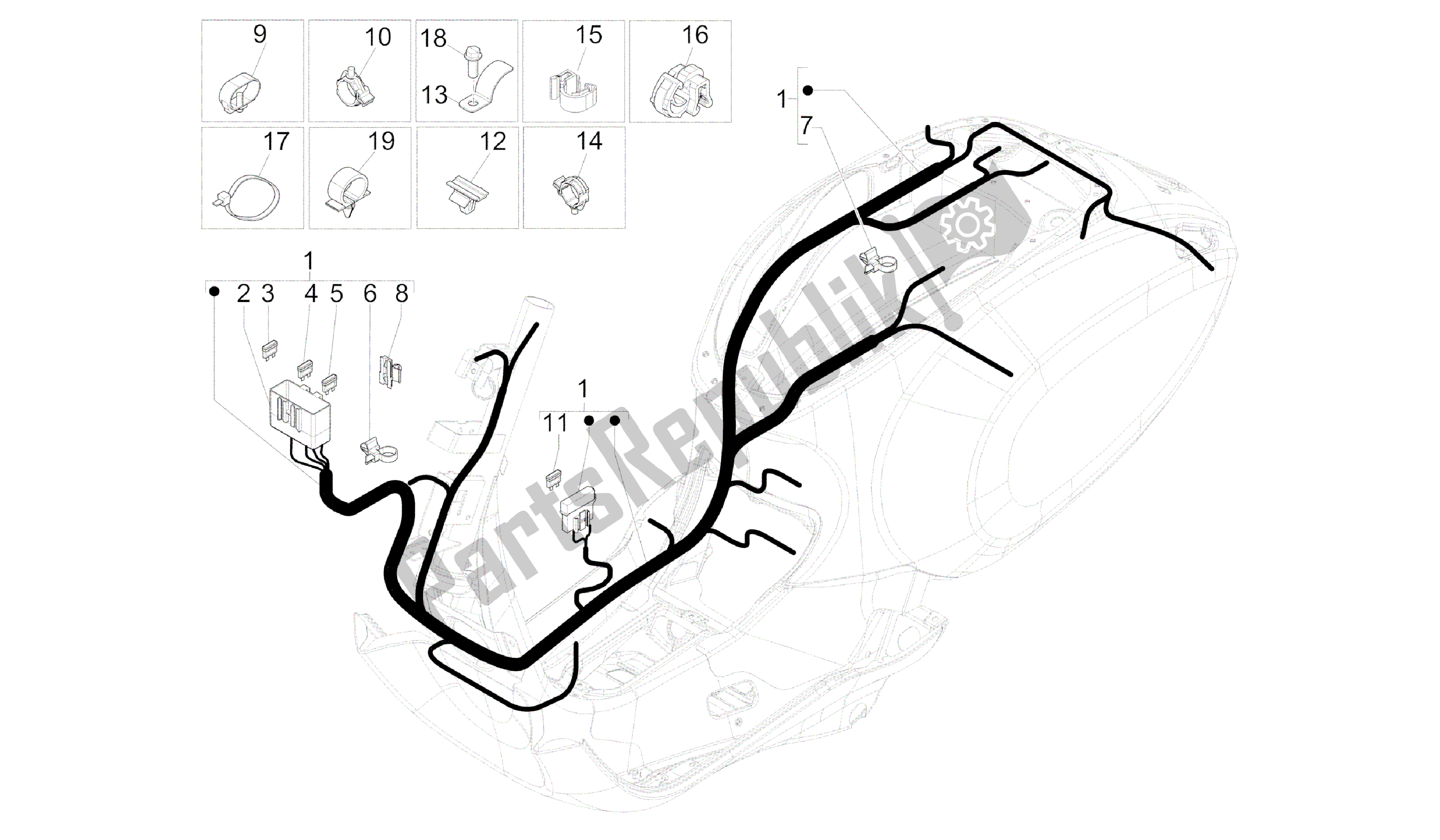 All parts for the Main Cable Harness of the Vespa Sprint 50 2014