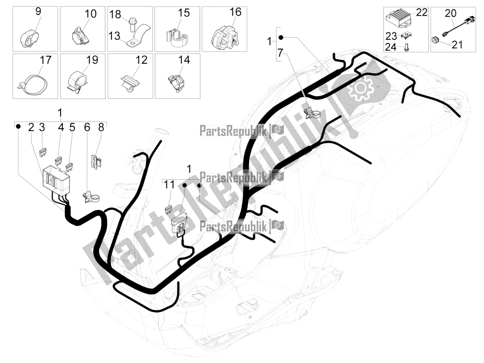 All parts for the Main Cable Harness of the Vespa Sprint 50 4T 4V 2016