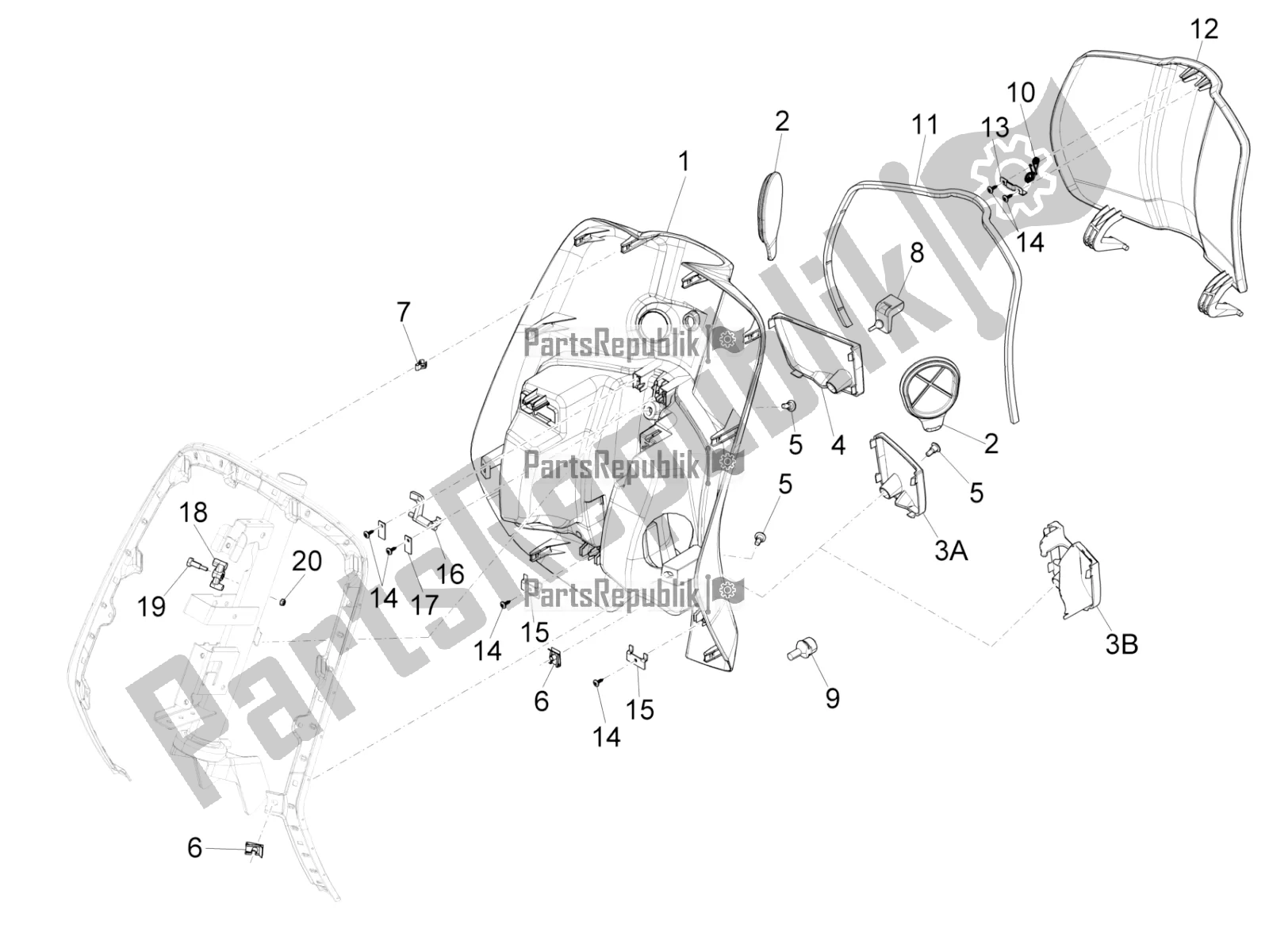 Todas las partes para Guantera Frontal - Panel De Rodilleras de Vespa Sprint 50 4T 4V 2017