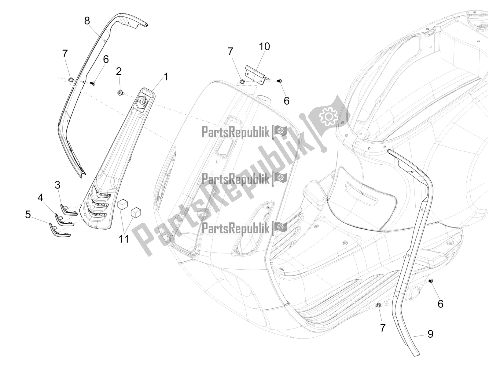 All parts for the Front Shield of the Vespa Sprint 50 4T 4V 2017