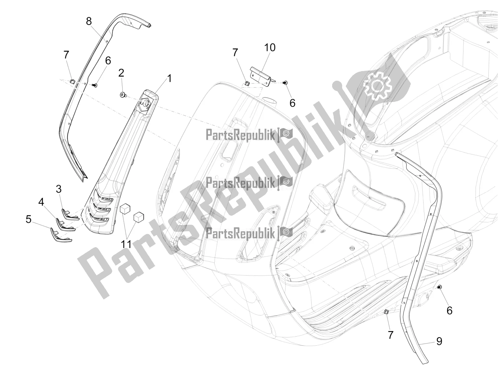 All parts for the Front Shield of the Vespa Sprint 50 4T 4V 2018