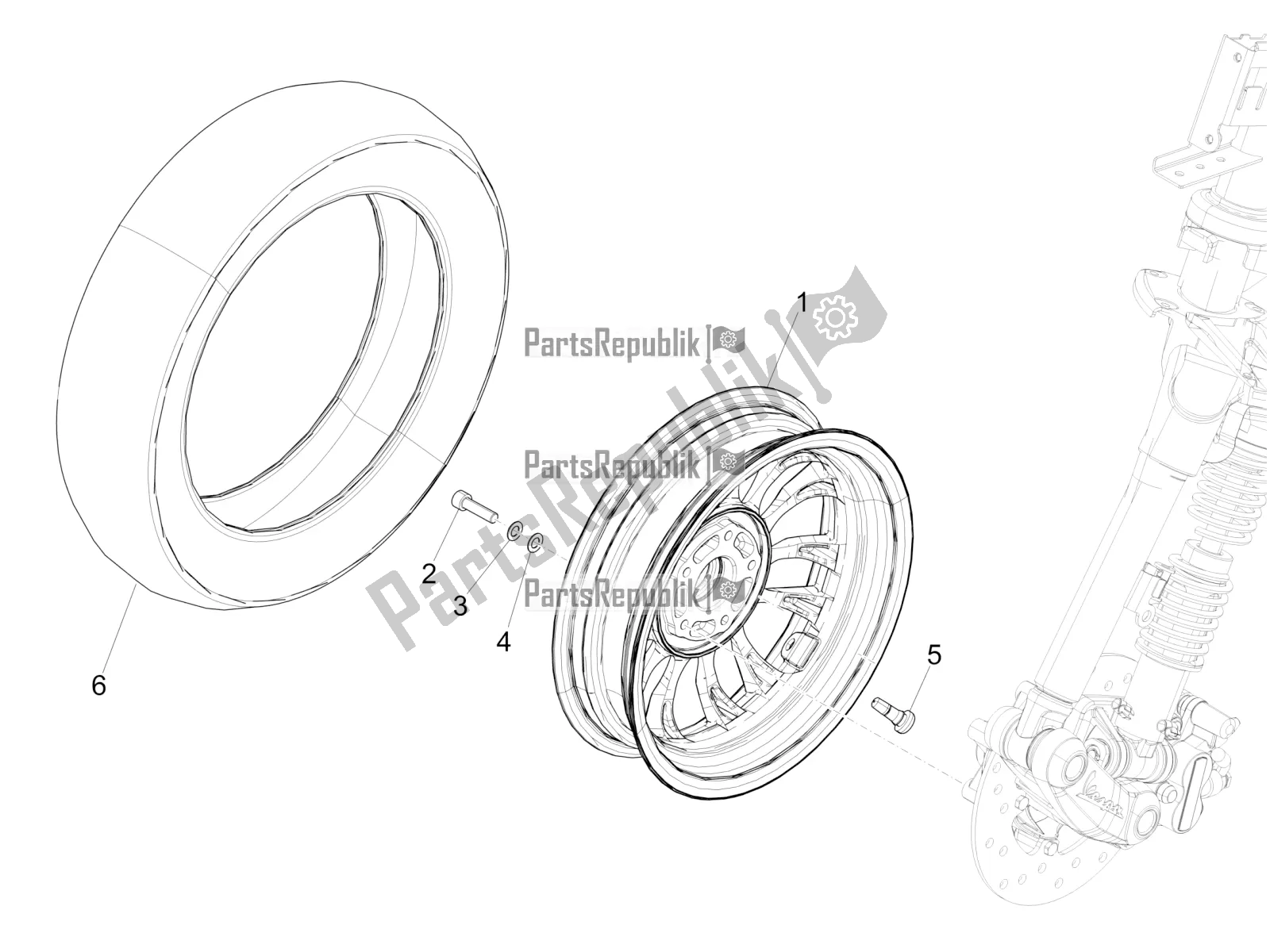 All parts for the Front Wheel of the Vespa Sprint 50 4T 4V 2018