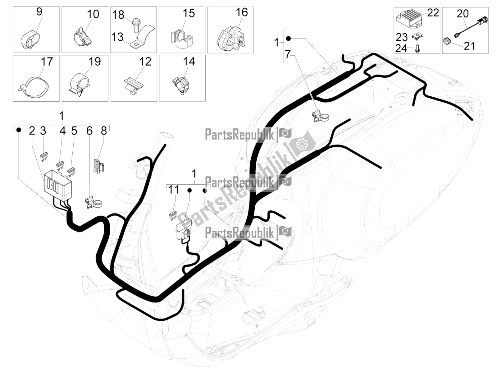 All parts for the Main Cable Harness of the Vespa Sprint 50 4T 4V 2018