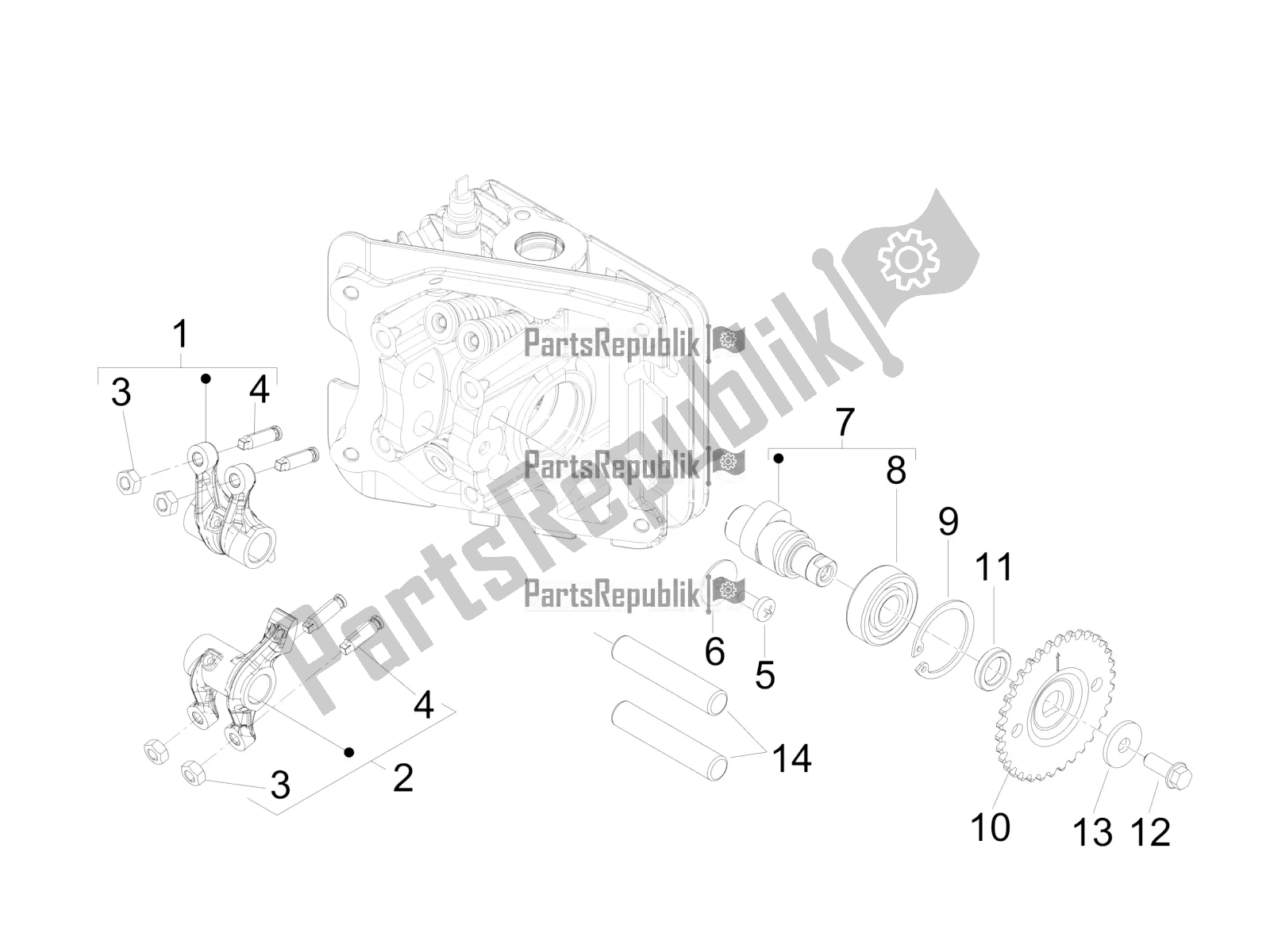 All parts for the Rocking Levers Support Unit of the Vespa Sprint 50 4T 4V 2018