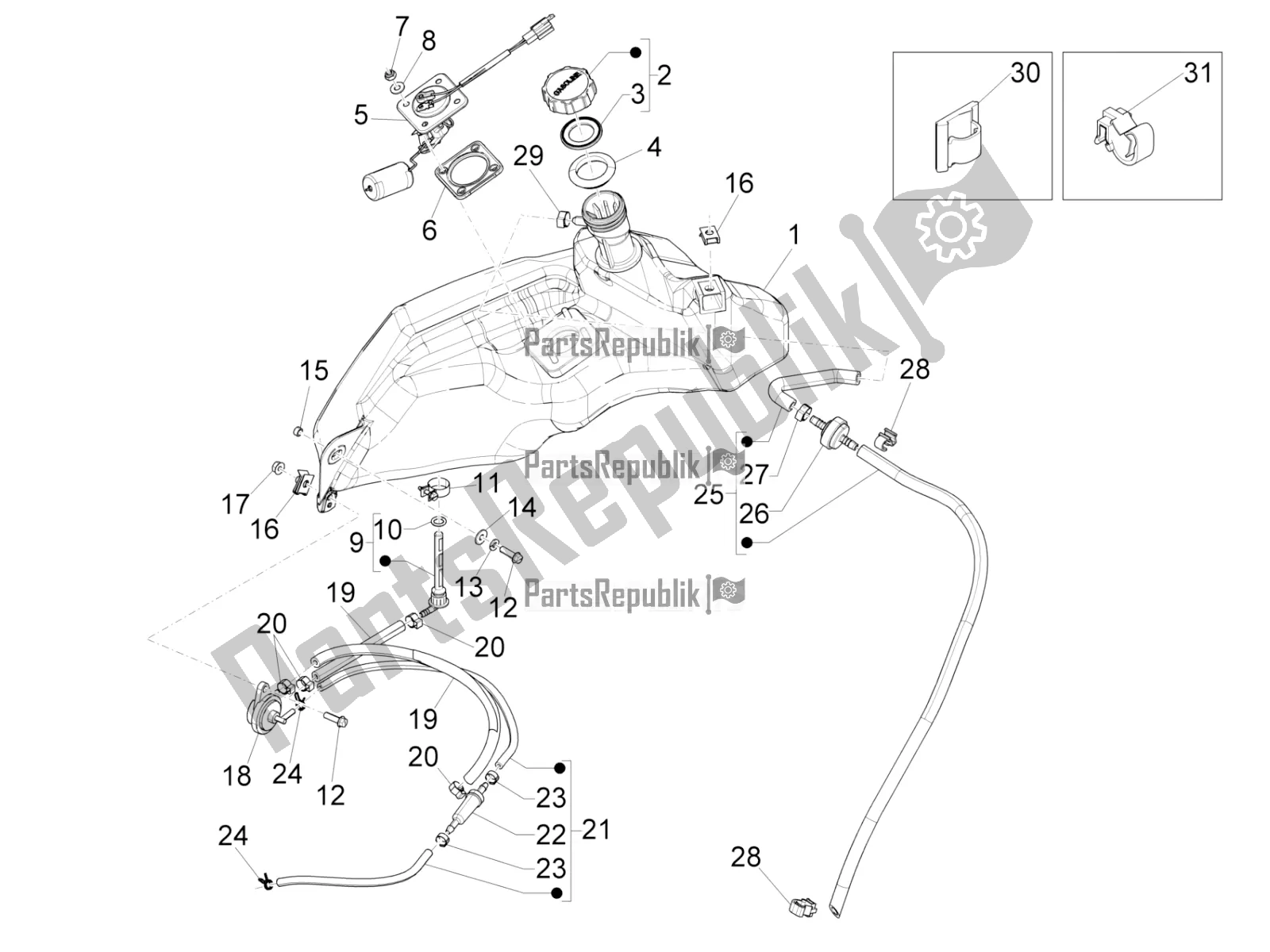 Alle onderdelen voor de Benzinetank van de Vespa Sprint 50 4T 4V USA 2017