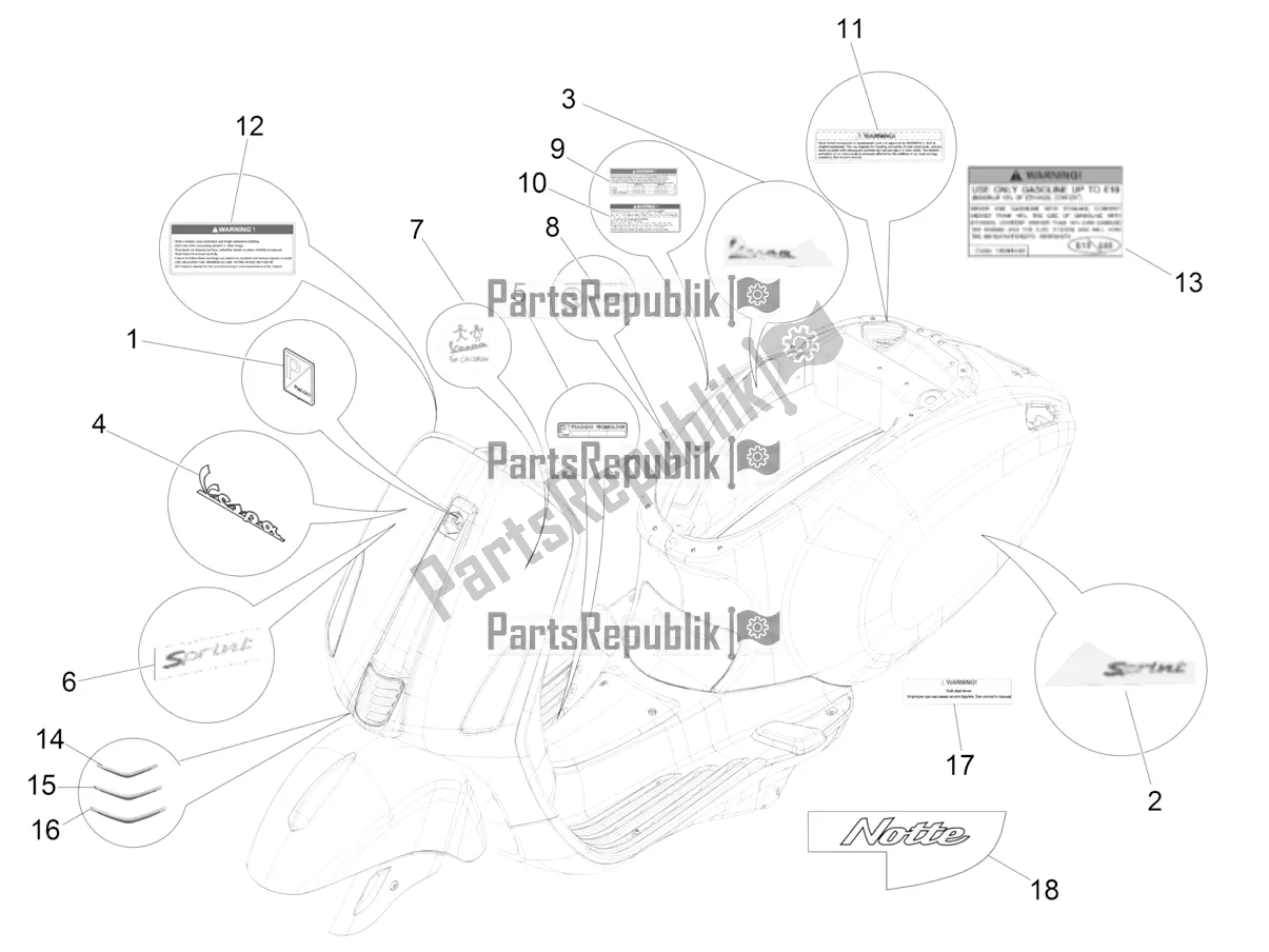 Toutes les pièces pour le Plaques - Emblèmes du Vespa Sprint 50 4T 4V USA 2018