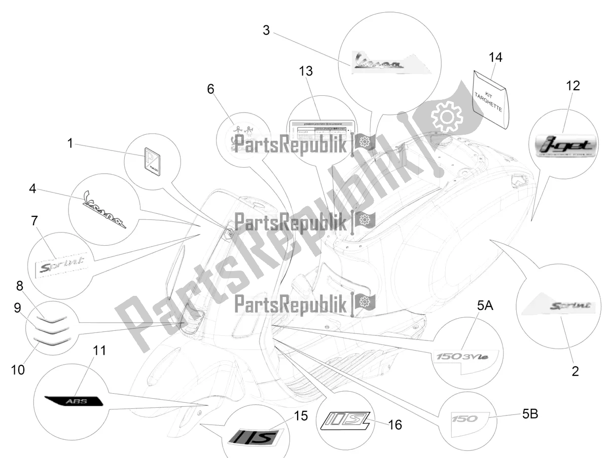 Alle onderdelen voor de Borden - Emblemen van de Vespa Sprint Sport 150 Iget 2016