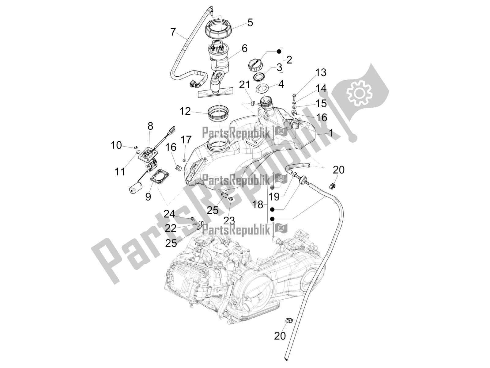 Alle onderdelen voor de Benzinetank van de Vespa Sprint Sport 150 Iget 2018