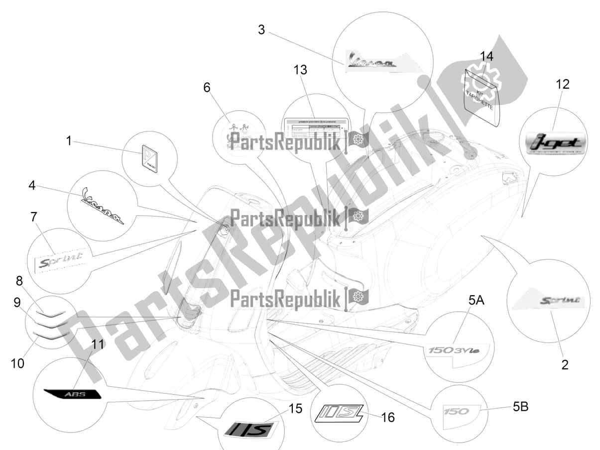 Alle onderdelen voor de Borden - Emblemen van de Vespa Sprint Sport 150 Iget 2018