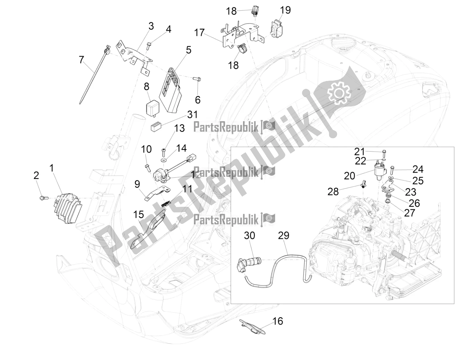 Alle onderdelen voor de Spanningsregelaars - Elektronische Regeleenheden (ecu) - H. T. Spoel van de Vespa Sprint Sport 150 Iget 2018