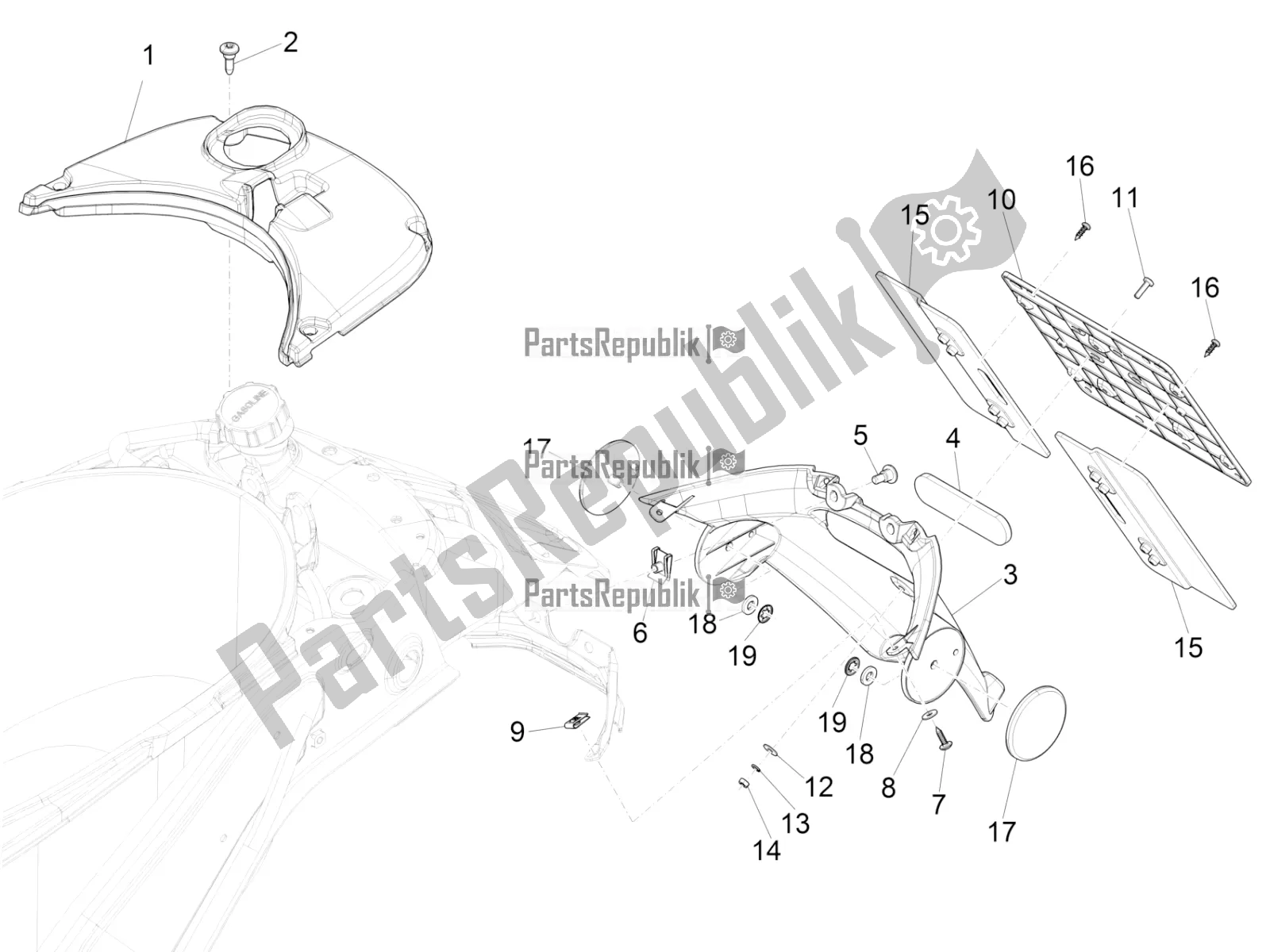 Toutes les pièces pour le Capot Arrière - Protection Contre Les éclaboussures du Vespa Sprint Sport 150 Iget 2019