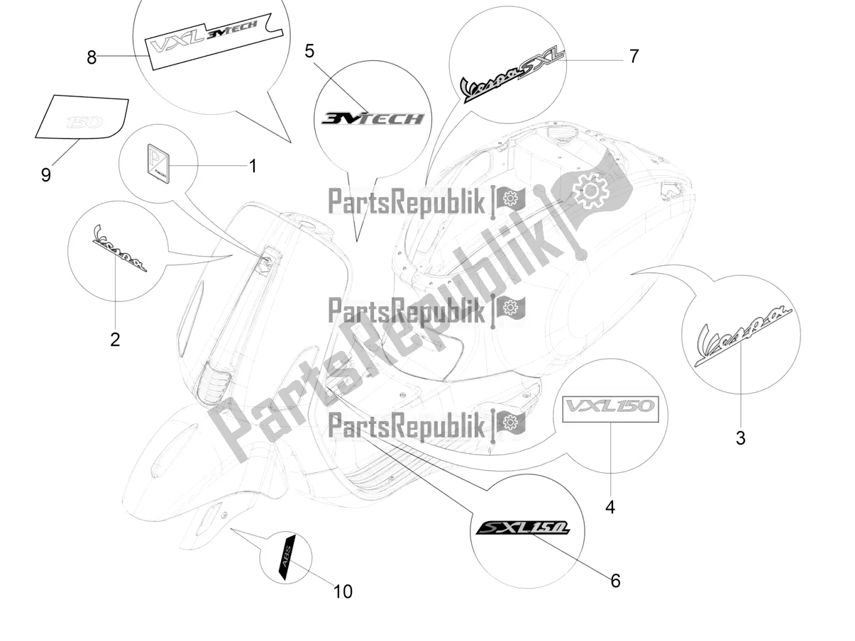 All parts for the Plates - Emblems of the Vespa VX-VXL-SXL 150 4T 3V Apac 2016