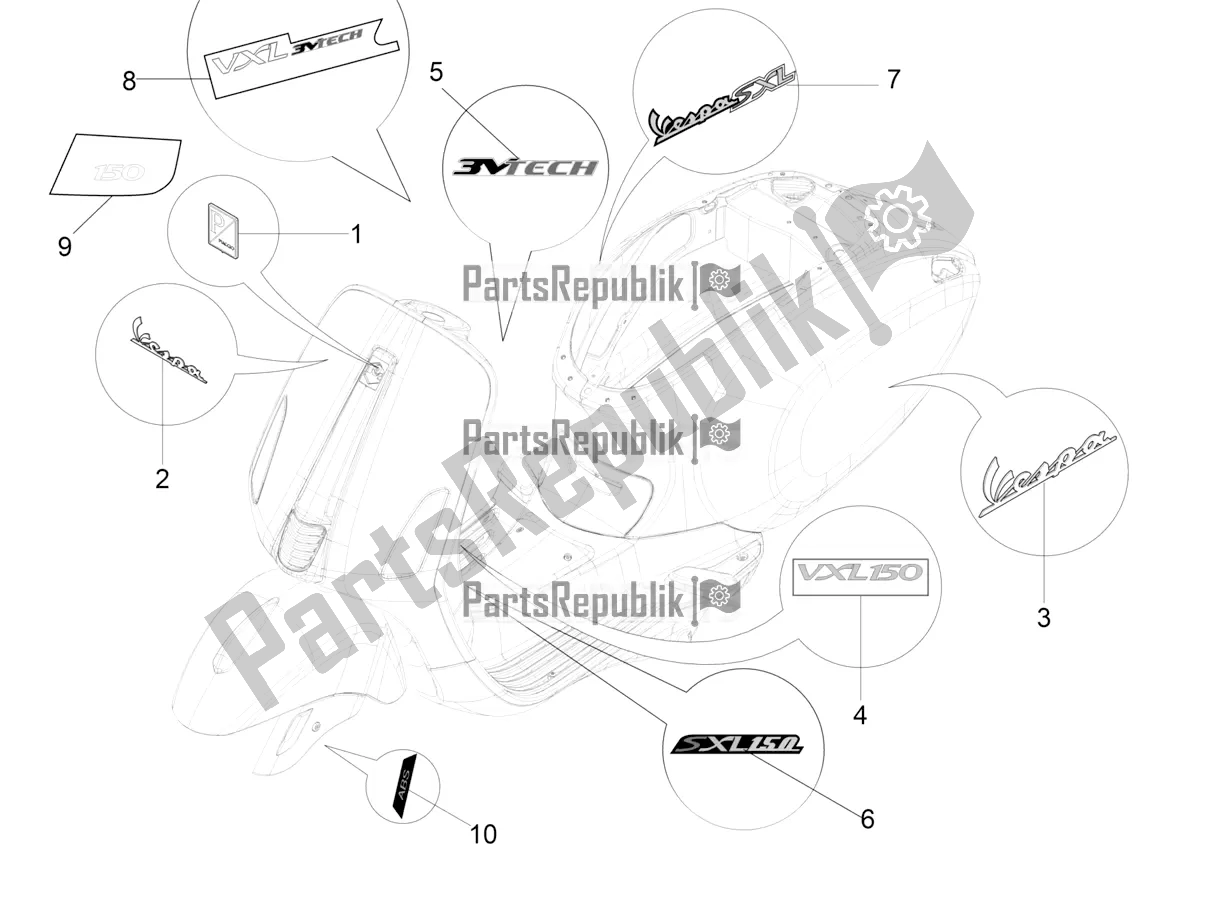 Toutes les pièces pour le Plaques - Emblèmes du Vespa VX-VXL-SXL 150 4T 3V Apac 2017