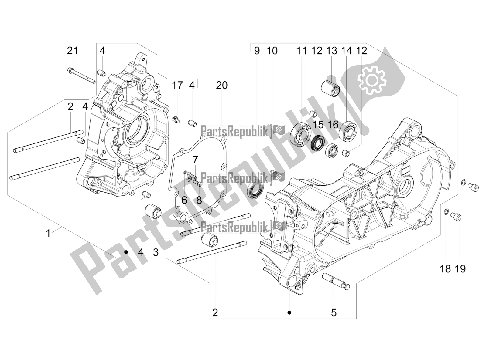 All parts for the Crankcase of the Vespa VX-VXL-SXL 150 4T 3V Apac 2018