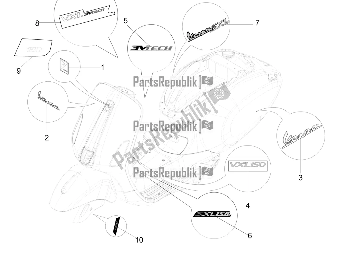 All parts for the Plates - Emblems of the Vespa VX-VXL-SXL 150 4T 3V Apac 2018
