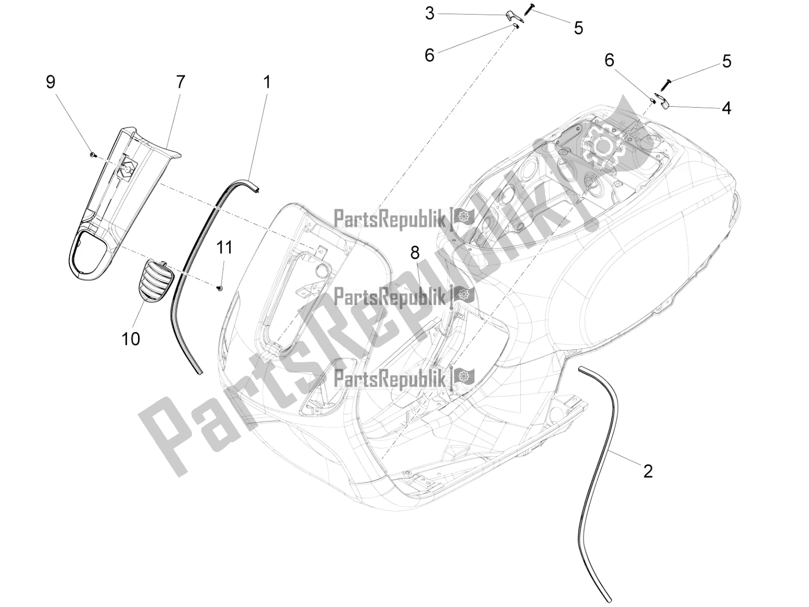 Todas as partes de Escudo Frontal do Vespa VX-VXL-SXL 150 4T 3V Apac 2019