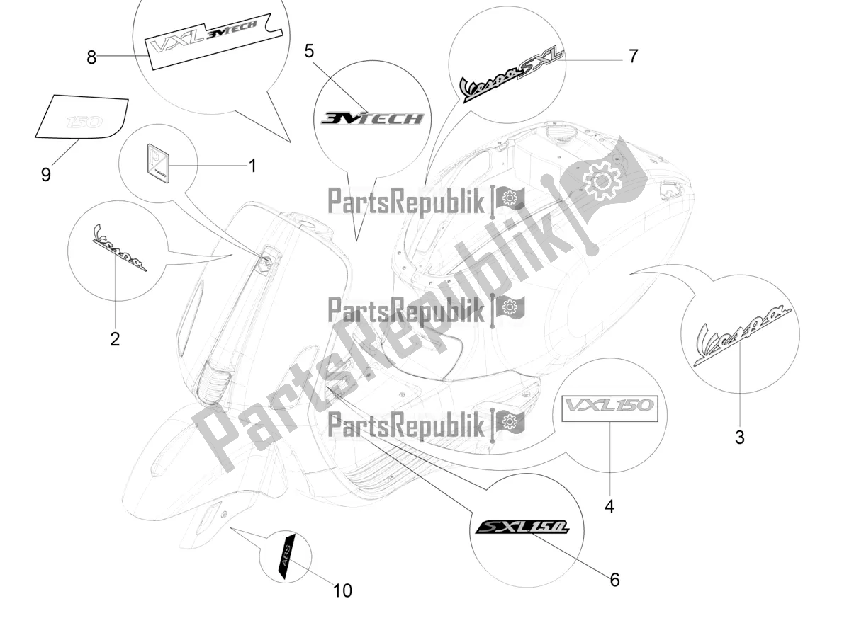 Toutes les pièces pour le Plaques - Emblèmes du Vespa VX-VXL-SXL 150 4T 3V Apac 2019