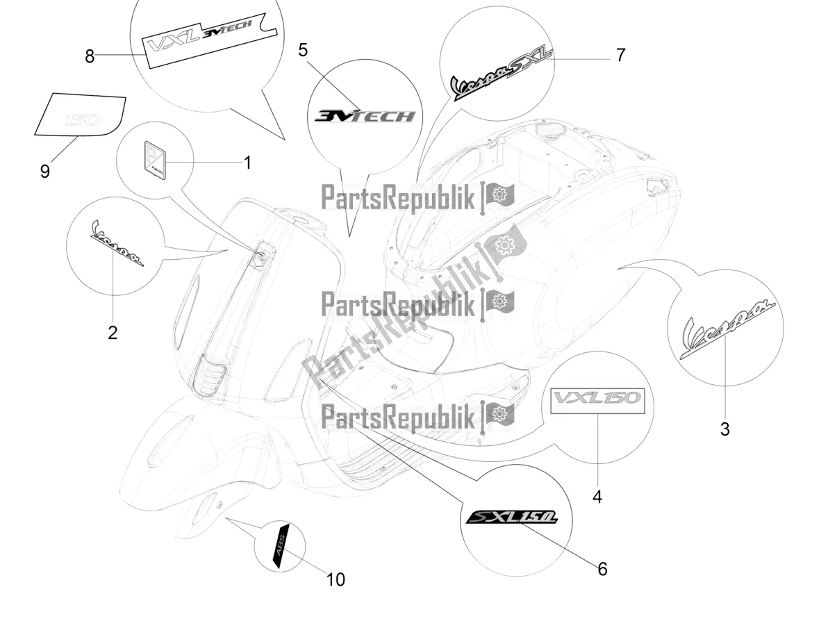 All parts for the Plates - Emblems of the Vespa VX-VXL-SXL 150 4T 3V Apac 2020