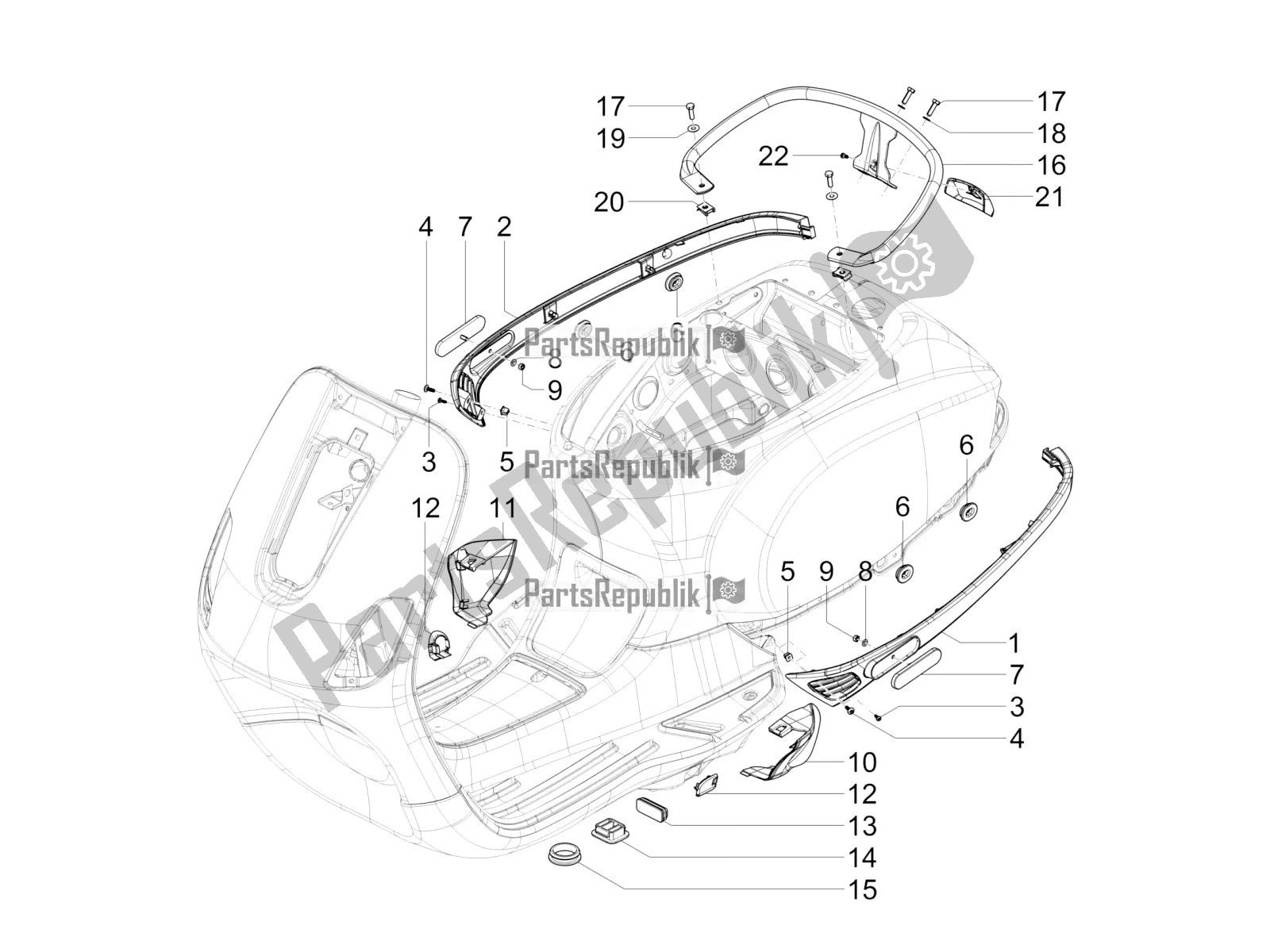 Alle onderdelen voor de Zijdeksel - Spoiler van de Vespa VX-VXL-SXL 150 4T 3V Apac 2020
