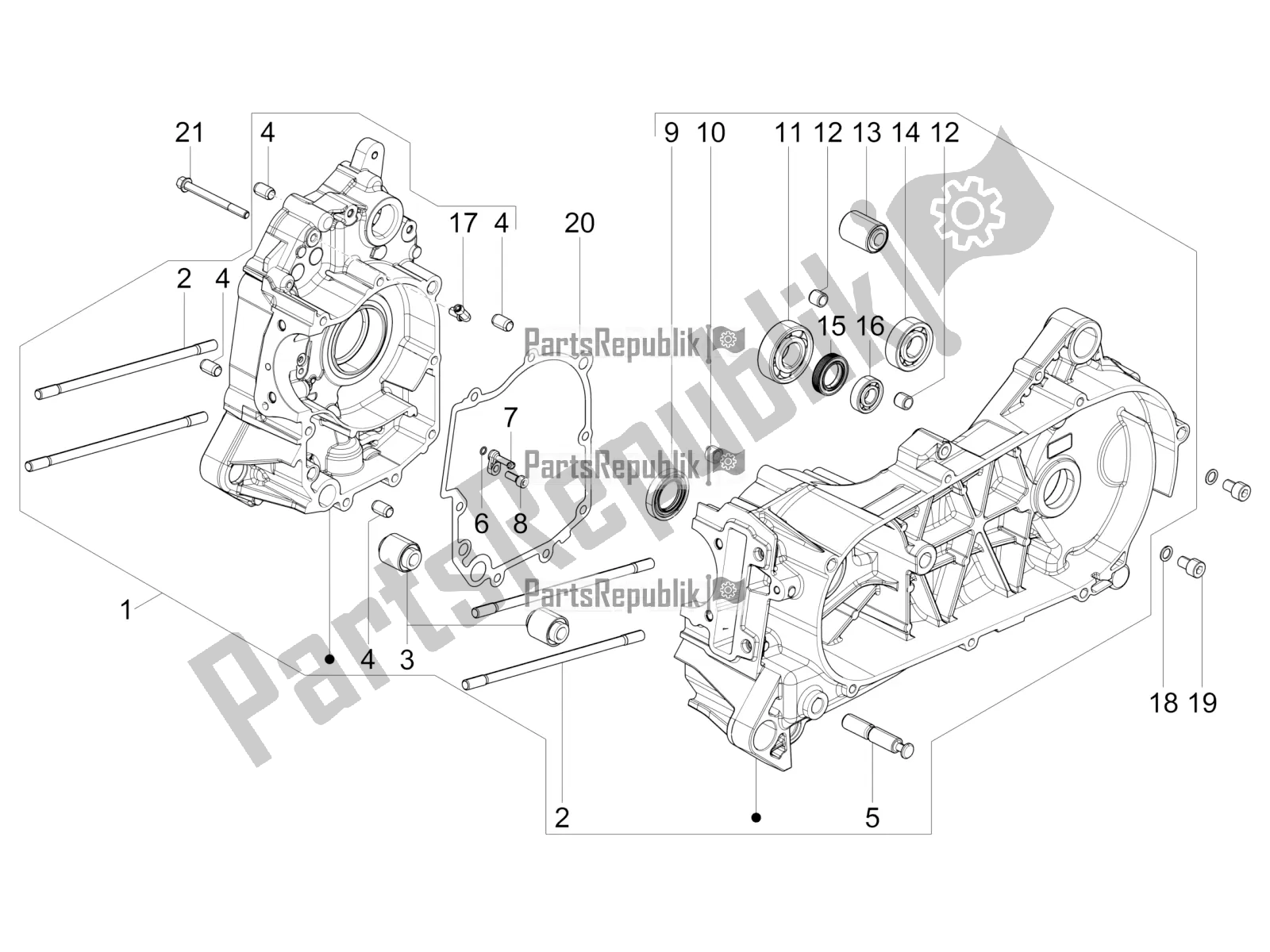All parts for the Crankcase of the Vespa VX-VXL-SXL 150 4T 3V Apac 2021