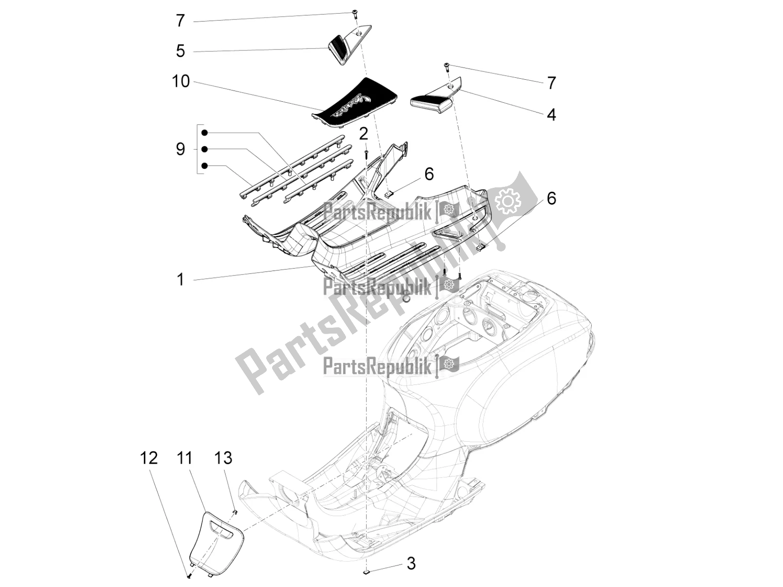 All parts for the Central Cover - Footrests of the Vespa VX-VXL-SXL 150 4T 3V Apac 2022