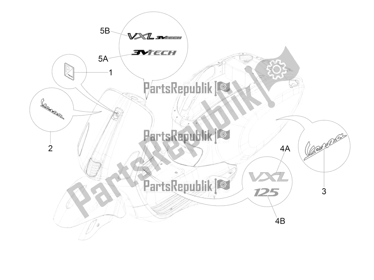 All parts for the Plates - Emblems of the Vespa VXL 125 4T 3V Apac 2018
