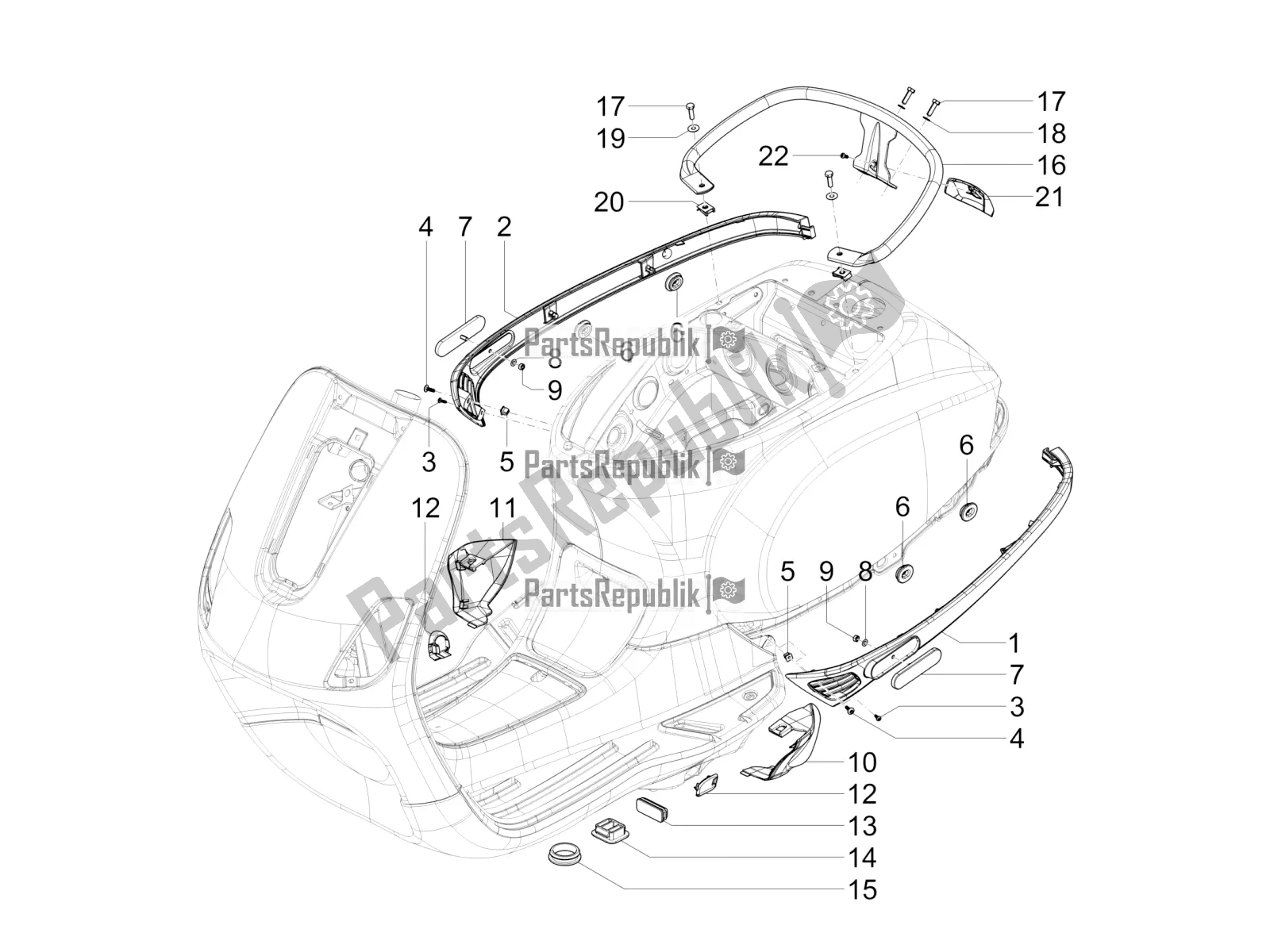 Alle onderdelen voor de Zijdeksel - Spoiler van de Vespa VXL 125 4T 3V Apac 2019